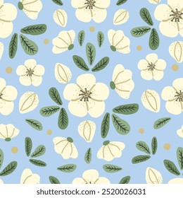 Christmas rose seamless pattern. Hand drawn white flowers on blue background. Folk art ornament. Winter botanical backdrop. 