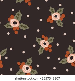 Christmas roses with cherries and leaves scattered on a black background with white polka dots in red, green, pink and off white. Christmas seamless vector pattern Great for giftwrap,fabric, wallpaper