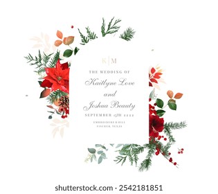 Christmas round arch with red poinsettia, berry, cedar, spruce, emerald pine, pine cone. Merry Christmas and Happy New Year seasonal card. Hand drawn winter composition isolated on white background