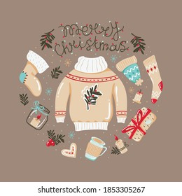 Christmas round background with cozy winter clothes and items. Vector illustration for greeting cards, christmas invitations and scrapbooking