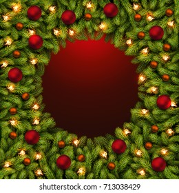 Christmas round background with fir branches. Vector illustration