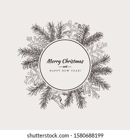  Christmas round background in vintage style. Greeting invitation card. Botanical illustration with spruce branches, fir cones. Black and white.
