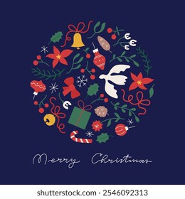 Christmas round banner, card template. Cute simple flat Merry Christmas design with holly, dove bird, gift, flower, bell.