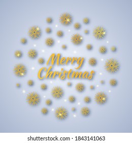 Christmas round banner with gold snowflakes and shadows on gray background and inscription Merry Christmas. Vector illustration