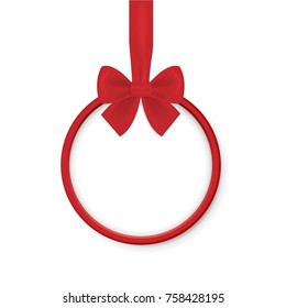 Christmas round banner with red ribbon and bow isolated on white background. Vector illustration. Eps 10. Christmas ball.