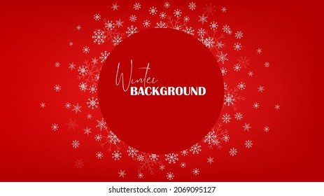 Christmas round border and white snowflakes on red gradient background. Vector illustration in cute flat caroon style for your design. Copy space for text.