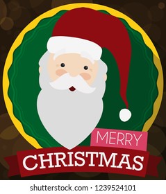 Christmas round button with Santa Claus design and a greeting ribbon over a bokeh background.