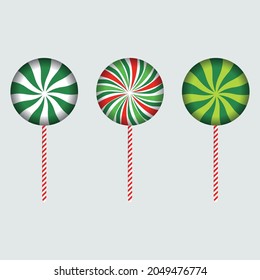 Christmas round candy with red, off-white, pink, and lime color strips. Round candy design on an ash background. Set of three Christmas candies. Christmas candy vector design collection for kids. 