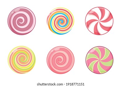 Christmas round candy set. Mint striped sweets without wrapper. Vector illustration isolated on white background.