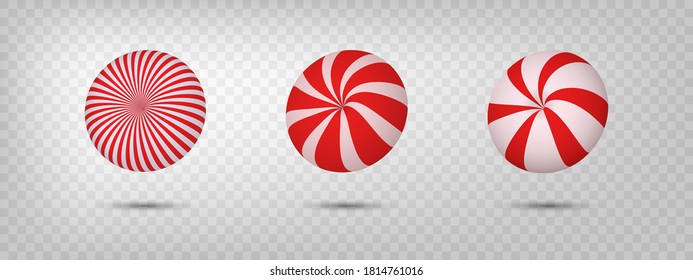 Christmas round candy set. Striped peppermint candies caramel without wrapper. Realistic isolated vector illustration