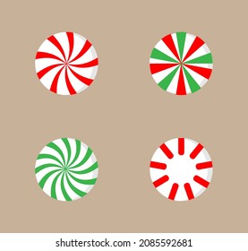 Christmas round candy set. Striped mint candies without wrapper. Traditional holiday dessert. Delicious table decoration. Lollipops Christmas spiral with peppermint. Vector.