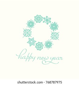 Christmas round composition with snowflakes of different geometric shapes and inscription on white background isolated vector illustration