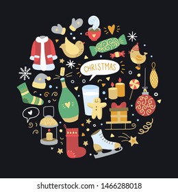 Christmas round concept with cute vector illustrations. Holiday elements and winter symbols. Happy celebration set