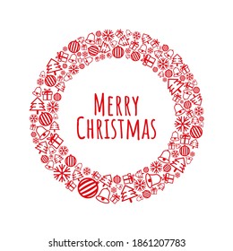 Decoración navideña con árbol, esfera, campana, copo de nieve, regalo y navidad de inscripción. Ilustración roja vectorial.