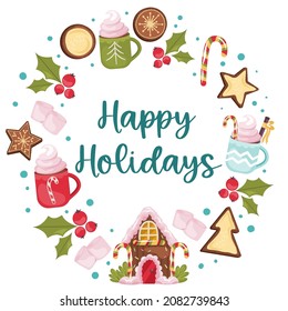 Christmas round design with text happy holidays, gingerbread house. Gingerbread cookie, cocoa with marshmallow and lollipop for holiday decorations. Vector illustration