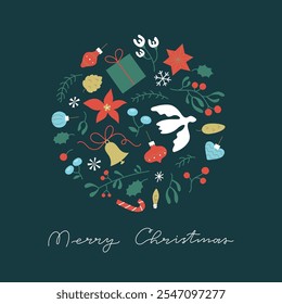 Christmas round elements pattern for banner, card template. Cute flat Merry Christmas design with winter plants, dove, gift, flower, bell.