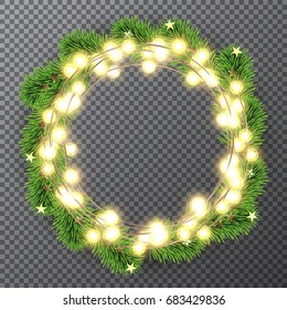 Christmas round fir wreath with glowing lamp garland. Vector illustration flat icon isolated on transparent. Template new year design.