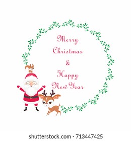 Christmas round floral frame with the image of a cute woodland animals and Santa. Vector background.