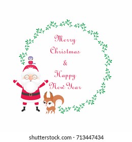 Christmas round floral frame with the image of a cute woodland animals and Santa. Vector background.