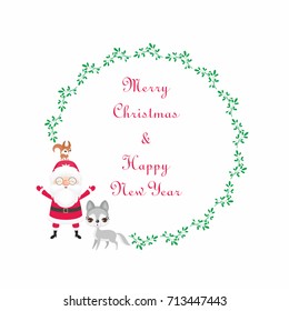 Christmas round floral frame with the image of a cute woodland animals and Santa. Vector background.