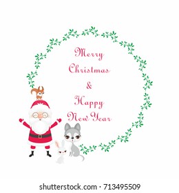 Christmas round floral frame with the image of a cute woodland animals and Santa. Vector background.