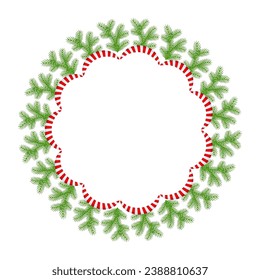 Christmas round floral wreath frame. Spruce evergreen branch, poinsettia and holly berry. Winter holiday decoration for greeting cards, poster and templates. Flat cartoon vector icon.