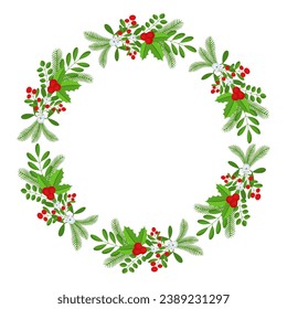 Christmas round floral wreath frame. Spruce evergreen branch, poinsettia and holly berry. Winter holiday decoration for greeting cards, poster and templates. Flat cartoon vector icon.