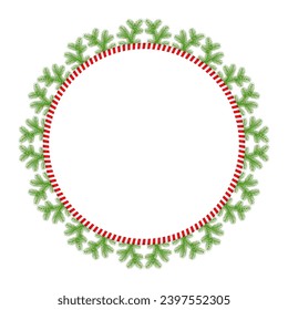 Christmas round floral wreath frame. Spruce evergreen branch, poinsettia and holly berry. Winter holiday decoration for greeting cards, poster and templates. Flat cartoon vector icon.