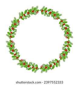 Christmas round floral wreath frame. Spruce evergreen branch, poinsettia and holly berry. Winter holiday decoration for greeting cards, poster and templates. Flat cartoon vector icon.