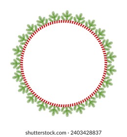 Christmas round floral wreath frame. Spruce evergreen branch, poinsettia and holly berry. Winter holiday decoration for greeting cards, poster and templates. Flat cartoon vector icon.