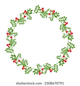 Christmas round floral wreath frame. Spruce evergreen branch, poinsettia and holly berry. Winter holiday decoration for greeting cards, poster and templates. Flat cartoon vector icon.