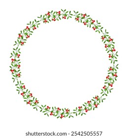 Christmas round floral wreath frame. Spruce evergreen branch, poinsettia and holly berry. Winter holiday decoration for greeting cards, poster and templates. Flat cartoon vector icon.