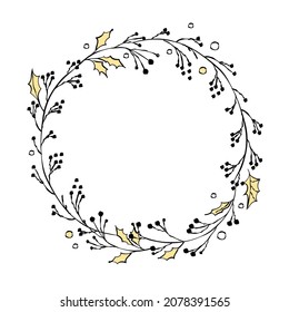 Christmas round floral wreath isolated. Vector hand drawn doodle illustration. For holiday party cards, packaging, banners, tag etc.