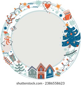 Christmas round frame with cute houses, trees and snowflakes.