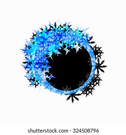 Christmas round frame. Christmas design. Bright colors. Blue snowflakes on a black background. Isolated on white. Vector illustration.