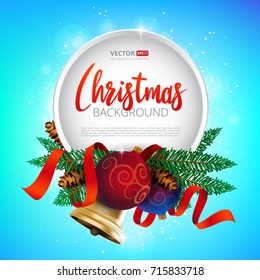 Christmas round frame design, realistic new year tree holiday decoration with Christmas balls, golden bell and red ribbon. Vector illustration on colorful background