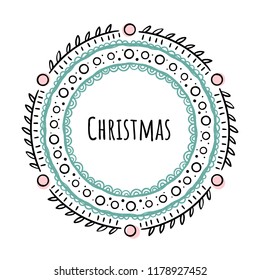 Christmas round frame in Doodle style. Vector illustration