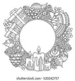 Christmas round frame in doodle style. Floral, ornate, decorative, tribal, decor, Christmas tree, candles. Black and white background. Zentangle coloring book page