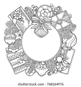 Christmas round frame in doodle style. Floral, ornate, decorative decor. Christmas tree, presents, bow. Black and white background. Zentangle coloring book page