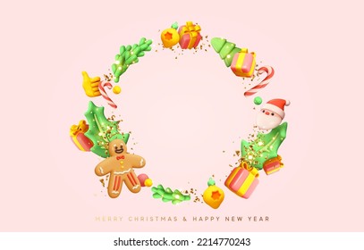 Marco redondo de Navidad con elementos decorativos festivos. Diseño 3d realista. Decoración navideña con ramas de abeto, hojas huecas, caña de caramelo, caja de regalo, hombre de pan de jengibre. Ilustración del vector