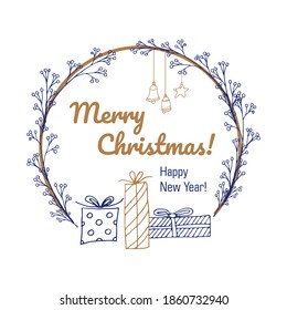 Christmas round frame with Floral branches, xmas decorations and gift boxes. Blue and gold holiday wreath. Vector illustration for winter or Christmas card, poster, invitation, banner designs.