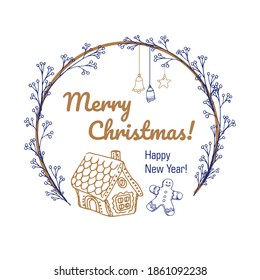 Christmas Round Frame With Floral Branches, Christmas Decorations And Gingerbread House. Blue And Gold Christmas Wreath. Vector Illustration For Winter Or Christmas Card, Poster, Invitation, Banner.