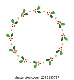 Christmas Round Frame With Green Holly, Gold Stars, Red Berries, Holiday Wreath Clip Art, Circular Shape Decorative Border