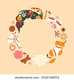 Christmas round frame. hand-drawn Christmas poster. Wreath, sock, Christmas decoration. Vector illustration