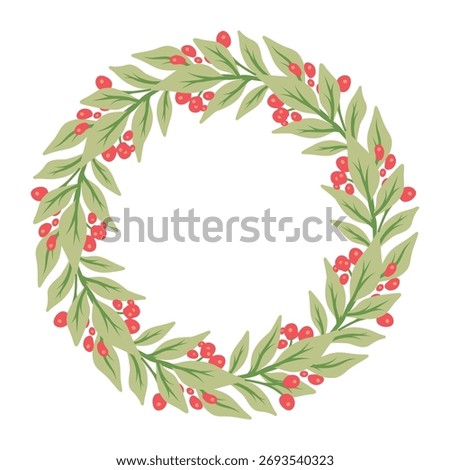 Christmas round frame with holly berries and mistletoe. Xmas and happy new year postcard. Vector illustration, holiday invitation.