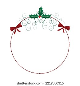 Christmas round frame with holly leaves, Christmas wreath with bows and necklace for decoration