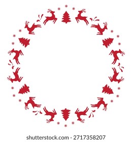 Navidades marco redondo hecho de siluetas de renos en estilo escandinavo, contorno negro
