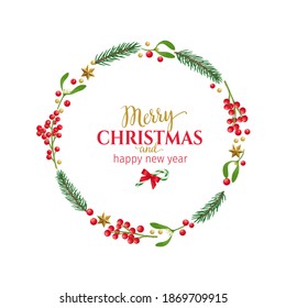 Christmas round frame with mistletoe twigs, spruce twigs, red berries and holiday decorations. Xmas template copy space vector illustration.