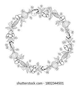 Marco redondo de Navidad sobre fondo blanco. Borde negro de copos de nieve, bastón de caramelo, caramelo, campanas, bolas. Coloca tu texto. Para la tarjeta de felicitación de vacaciones, invitación. Ilustración vectorial.