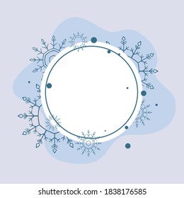 Christmas round frame with place for text. Abstract shape and snowflakes. Vector illustration.